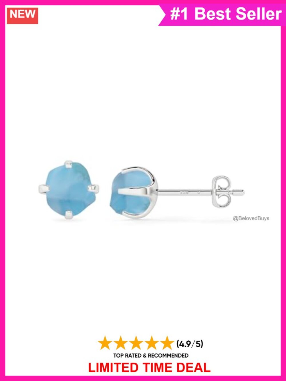 Natural Larimar Stud Earrings Sterling Silver Prong Set Birthstone Jewelry Gift